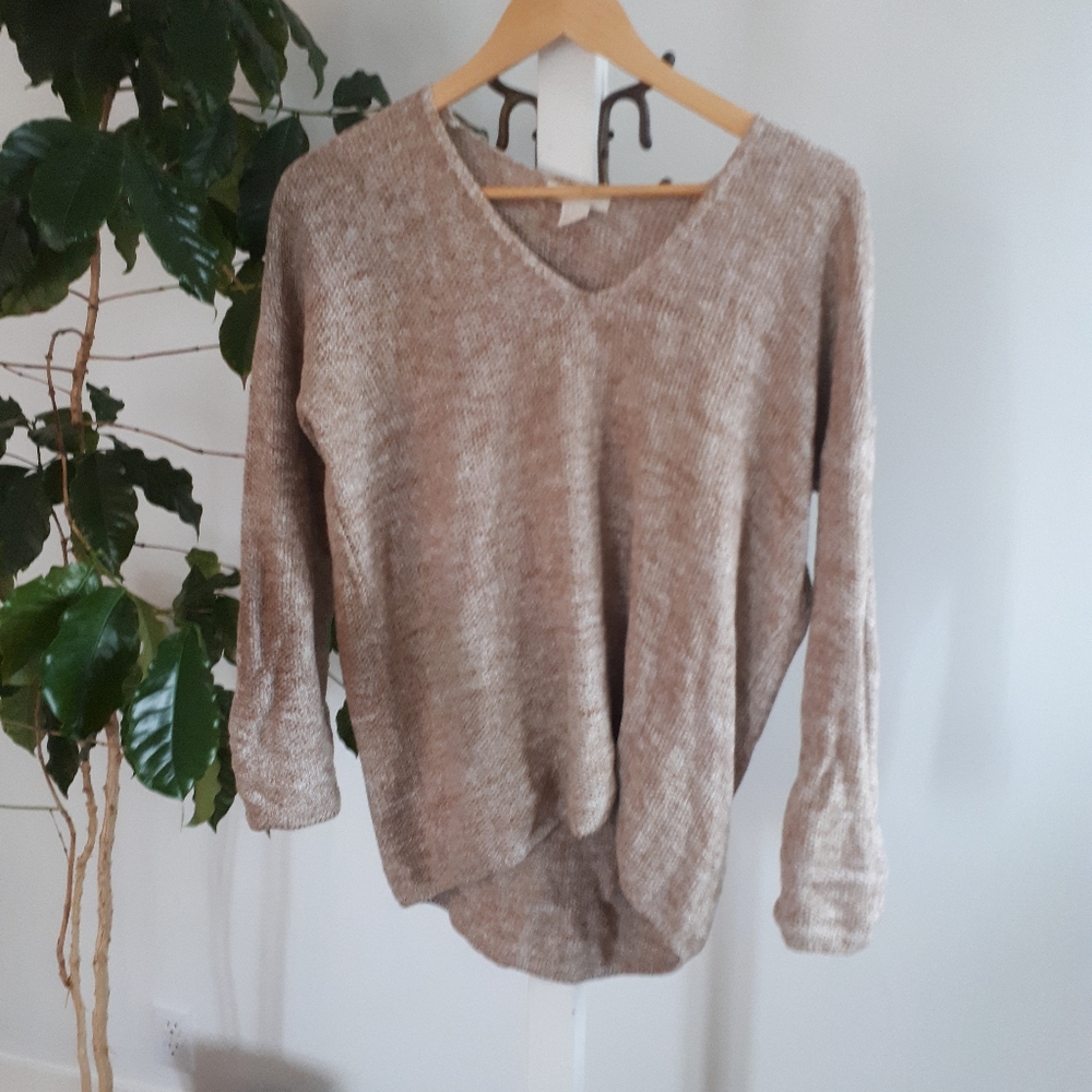 V-neck tan beige knit sweater